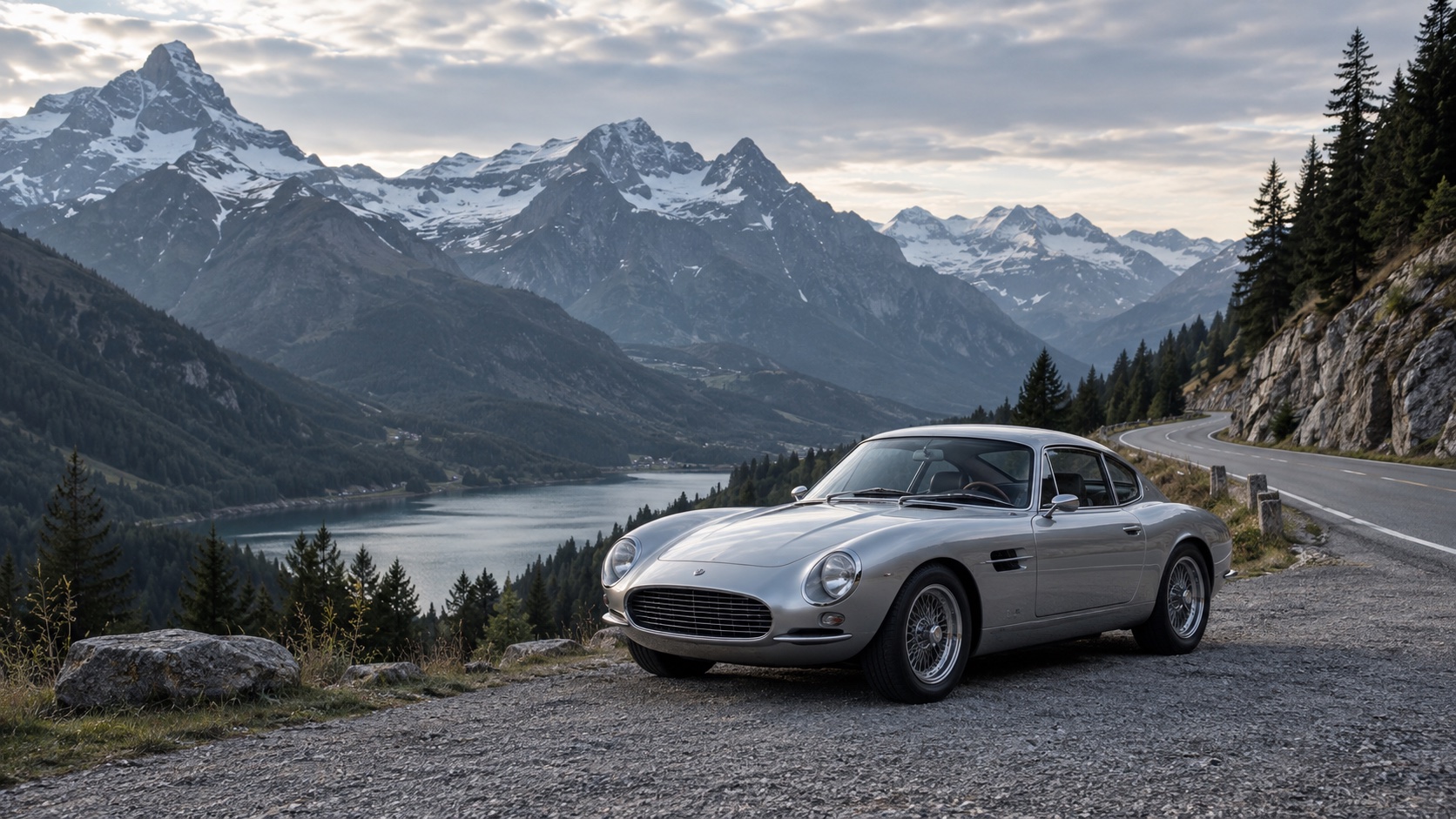 Silbernes Sportcoupé auf einer Alpenpassstrasse – KI-generierte Stimmungsszene